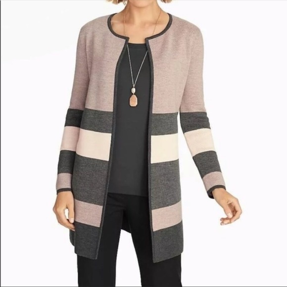 Talbots Sweaters - Talbots Merino Wool Neutral Thick Stripe Open Cardigan Sz P